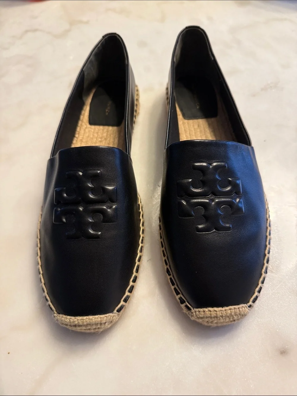 Tory Burch Black Leather Espadrille Slip-Ons with Logo - Picture 1 of 6